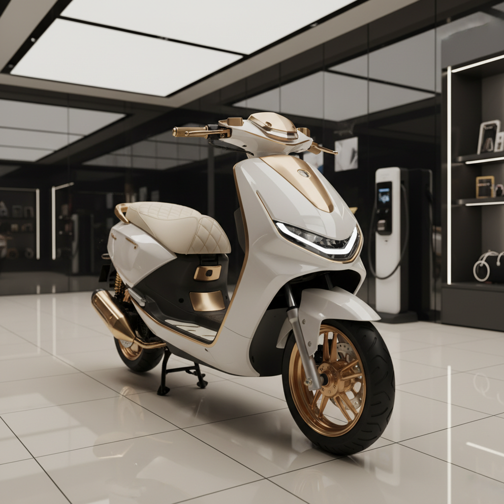A close-up, three-quarter front view of a luxury white electric scooter with champagne-gold trim, positioned in a high-end showroom with glossy porcelain tiles and dark smoked-glass walls. The camera focuses on the sharp LED headlight design, sculpted front fairing, and premium stitched saddle, all rendered in high-resolution photographic detail. Soft, diffused studio lighting above and subtle floor uplights create gentle highlights on the lacquered surfaces and elegant shadows beneath the chassis. Background charging stations and neatly displayed accessory shelves are intentionally blurred to enhance depth. The atmosphere is refined and exclusive, conveying a premium catalog experience where every design line suggests advanced engineering and quiet sophistication.