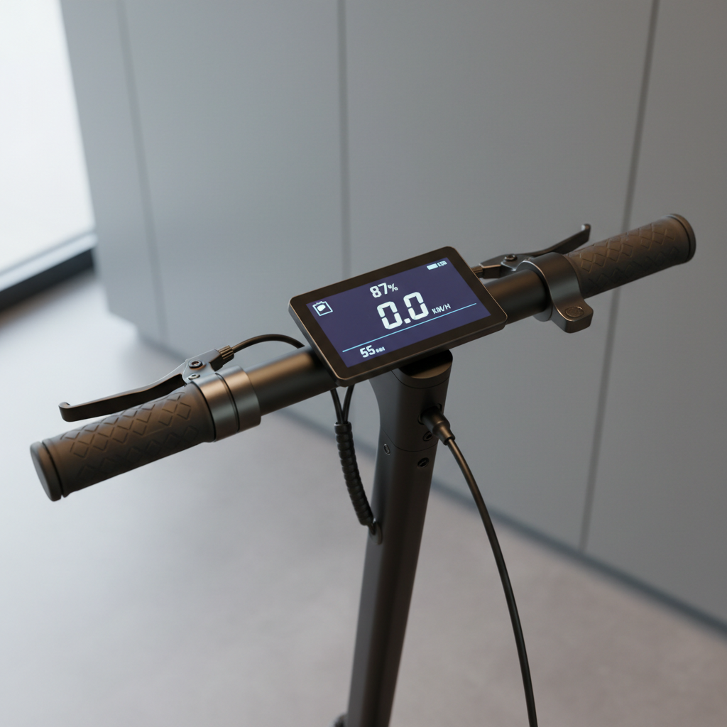 A refined close-up of an electric scooter’s cockpit, showcasing a high-resolution digital display with battery percentage, range estimate, and speed clearly visible. The handlebars feature textured rubber grips, brushed metal brake levers, and neatly routed cables in a matte black finish, all rendered in crisp photographic realism. The scooter is stationary next to a subtle charging cable, with a blurred modern interior wall in soft gray tones behind it. Soft daylight from an unseen window combines with gentle ambient lighting to create even illumination and delicate reflections on the screen. Shot from a slightly elevated, over-the-handlebar angle, the composition feels technical yet elegant, perfect for highlighting advanced features and ease of monitoring on a product detail page.