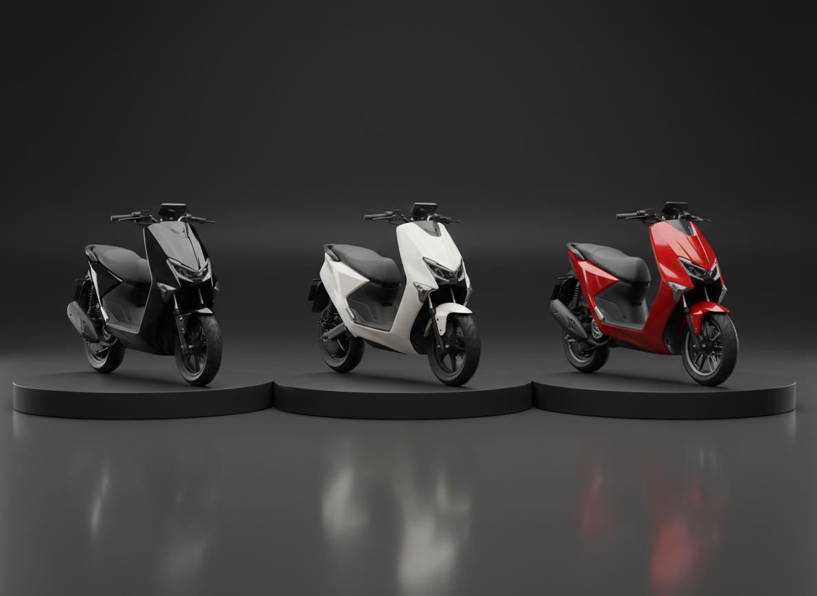 A minimalist product grid layout showing three distinct electric scooter models on elevated matte-black platforms in a dark, luxurious studio space. One scooter is gloss black, one pearl white, and one metallic red, each with unique wheel designs and body shapes, all depicted in meticulous photographic detail. Precision-controlled studio lighting creates clean highlights along the edges and subtle reflections on the polished floor, while the background remains a soft charcoal gradient. Shot from a slightly elevated frontal angle, the composition maintains balanced spacing between models, ideal for a catalog or comparison page. The atmosphere is sophisticated and curated, emphasizing choice, premium quality, and the breadth of a complete electric scooter lineup.