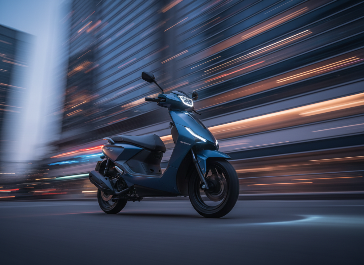 A dynamic, motion-style scene of a midnight blue electric scooter appearing to glide through a stylized, blurred cityscape at dusk. The scooter is perfectly sharp in the foreground, with its LED headlight and taillight forming crisp light streaks. The background consists of abstracted skyscraper lights and faint outlines of buildings in cool blues and warm ambers, captured in photographic realism with intentional motion blur. Soft golden hour light edges the scooter’s contours, while reflections glint on the metallic paint and chrome details. The composition uses a low-angle perspective to emphasize speed and confidence. The mood is energetic yet polished, suggesting agile urban commuting with silent, electric performance.