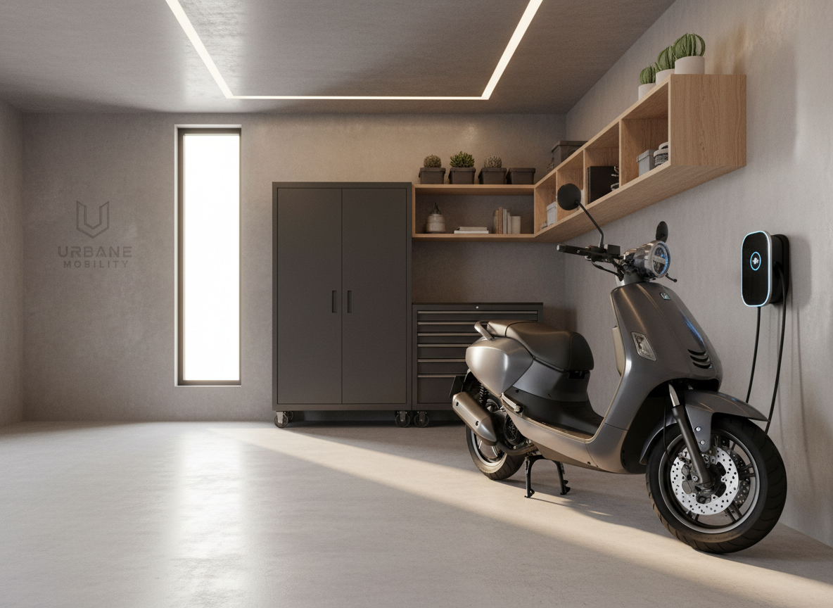 A sophisticated home garage scene featuring a slate-gray electric scooter parked beside a wall-mounted fast charger, with a tidy tool cabinet and minimalist shelving in the background. The scooter’s glossy fairings, brushed aluminum footrest, and disc brakes are shown in sharp photographic realism. Afternoon light filters through a side window, mixing with discreet ceiling LEDs to produce a balanced, soft illumination that accentuates textures on rubber tires and metallic components. Shot from a slightly elevated angle, the composition frames the scooter on the right third, leaving negative space for subtle branding. The mood is calm, organized, and aspirational, emphasizing the convenience and elegance of owning an electric scooter at home.