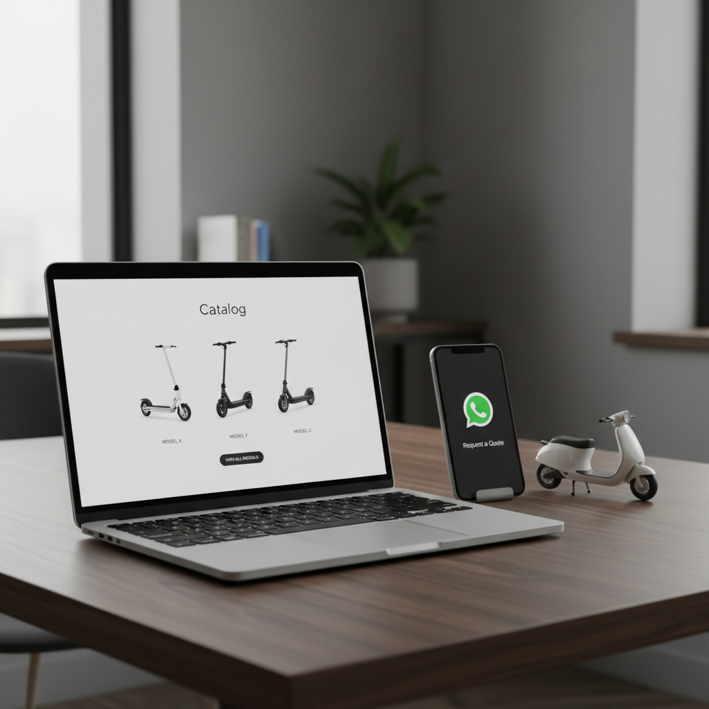 A stylish desktop scene featuring an open laptop showing a clean electric scooter catalog page, placed on a dark walnut desk alongside a modern smartphone displaying a WhatsApp chat icon and a small, sleek model scooter figurine. All devices are presented without visible branding, in a neutral, sophisticated design. Soft, diffused daylight from a side window illuminates the scene, creating gentle reflections on the screens and subtle shadows on the desk’s wood grain. The background is tastefully blurred, suggesting a contemporary home office with muted gray walls. Captured at a slight three-quarter angle with shallow depth of field, the mood is professional and reassuring, communicating the simplicity of browsing models and requesting quotes online via WhatsApp.