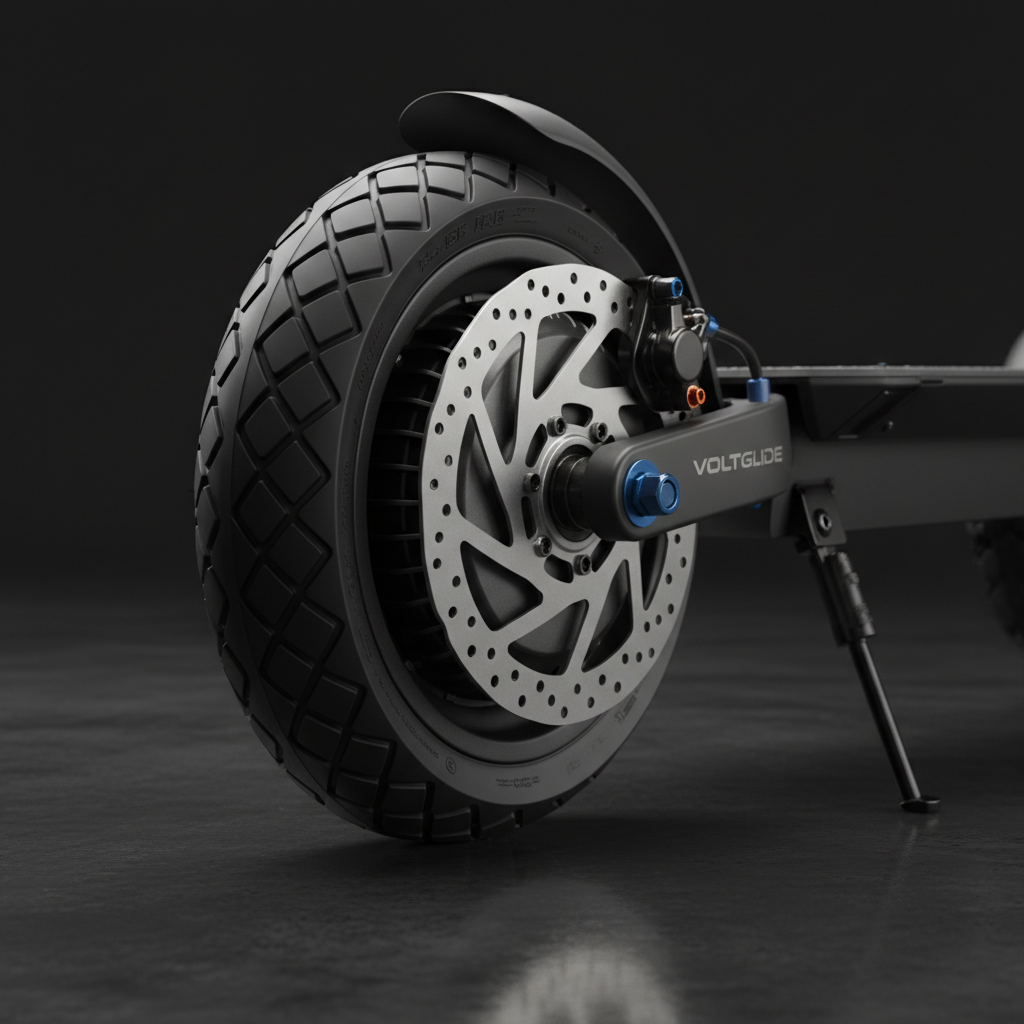 A close-up, high-end studio shot of an electric scooter’s rear wheel assembly, highlighting the integrated electric motor hub, ventilated disc brake, and finely patterned tire tread. The components are finished in matte black and brushed steel, with small anodized accents for a premium feel, all captured in meticulous photographic realism. The scooter rests on a discreet center stand over a dark, semi-reflective floor. Focused, directional studio lighting from the side creates dramatic contrasts, emphasizing mechanical precision and casting refined shadows. The background fades into a smooth black gradient. Shot with a macro-style lens and shallow depth of field, the composition feels technical, luxurious, and ideal for showcasing engineering quality in a product or specifications section.