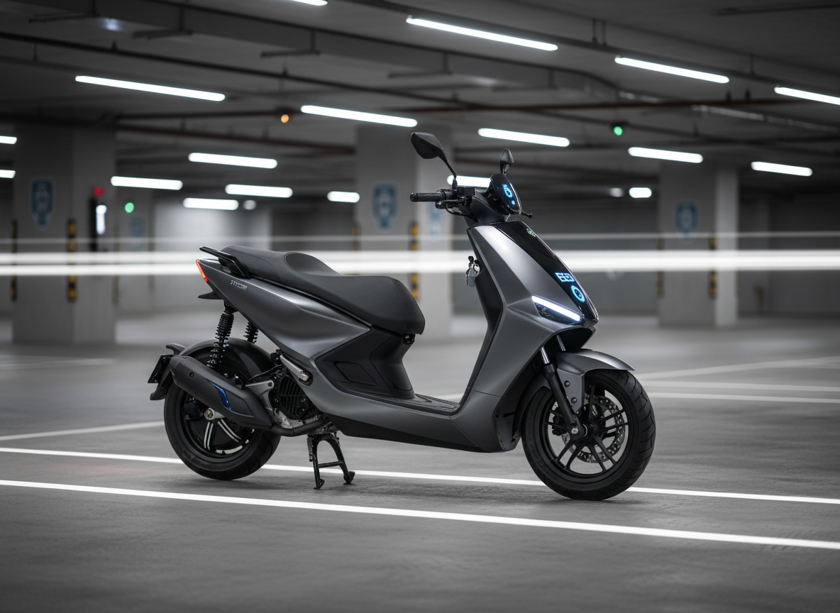 A premium electric scooter in deep metallic graphite with subtle cobalt blue accents, parked diagonally in a modern underground garage. The scooter’s sleek aerodynamic bodywork, matte black wheels, and illuminated digital dashboard are captured in crisp photographic realism. Cool white LED ceiling strips cast refined reflections along the polished concrete floor, creating elegant light trails that emphasize the scooter’s silhouette. The background fades into soft blur with hints of minimalist signage and charging stations. Shot at eye level with a slightly wide angle, the composition uses the rule of thirds to highlight the scooter as the undisputed focal point. The mood is sophisticated, urban, and aspirational, evoking cutting-edge technology and silent power.